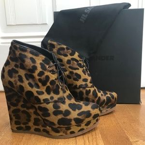 Jil Sander Leopard Print Hair Calf Wedge Booties